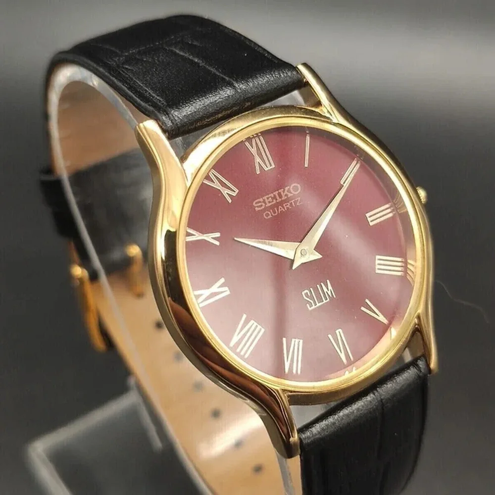 Vintage Style Seiko Quartz Mens Gold Watch & Red accents W/Leather Strap